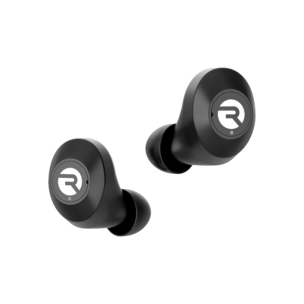 Black wireless earbuds with a sleek design on a black background.