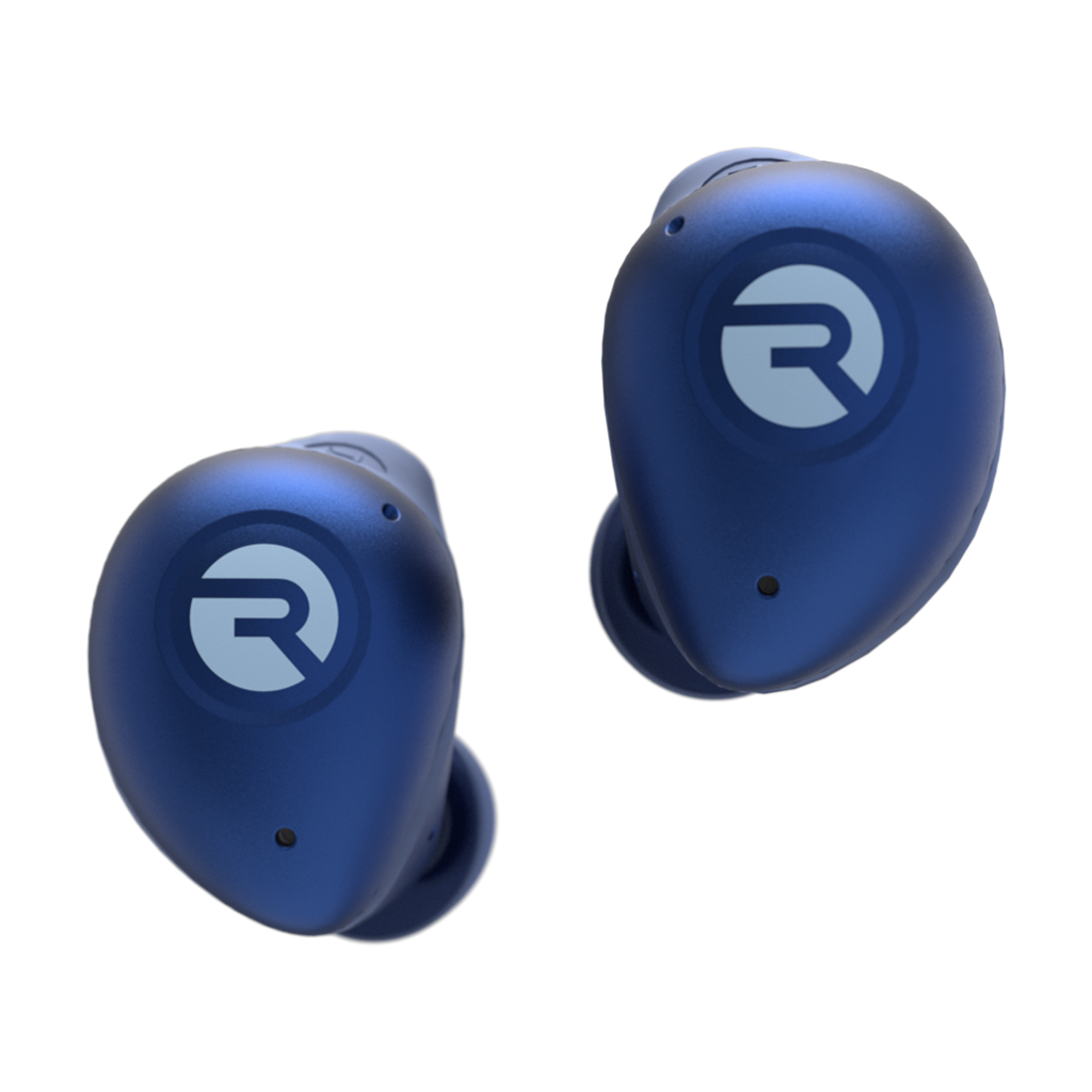 Black wireless earbuds with a sleek design on a black background.