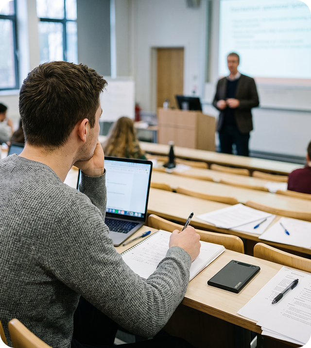 Student taking notes during a lecture with the Raycon AI Notetaker