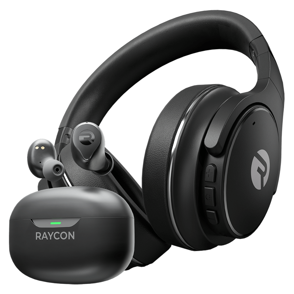 'Black Raycon earbuds and over-ear headphones with charging case.'