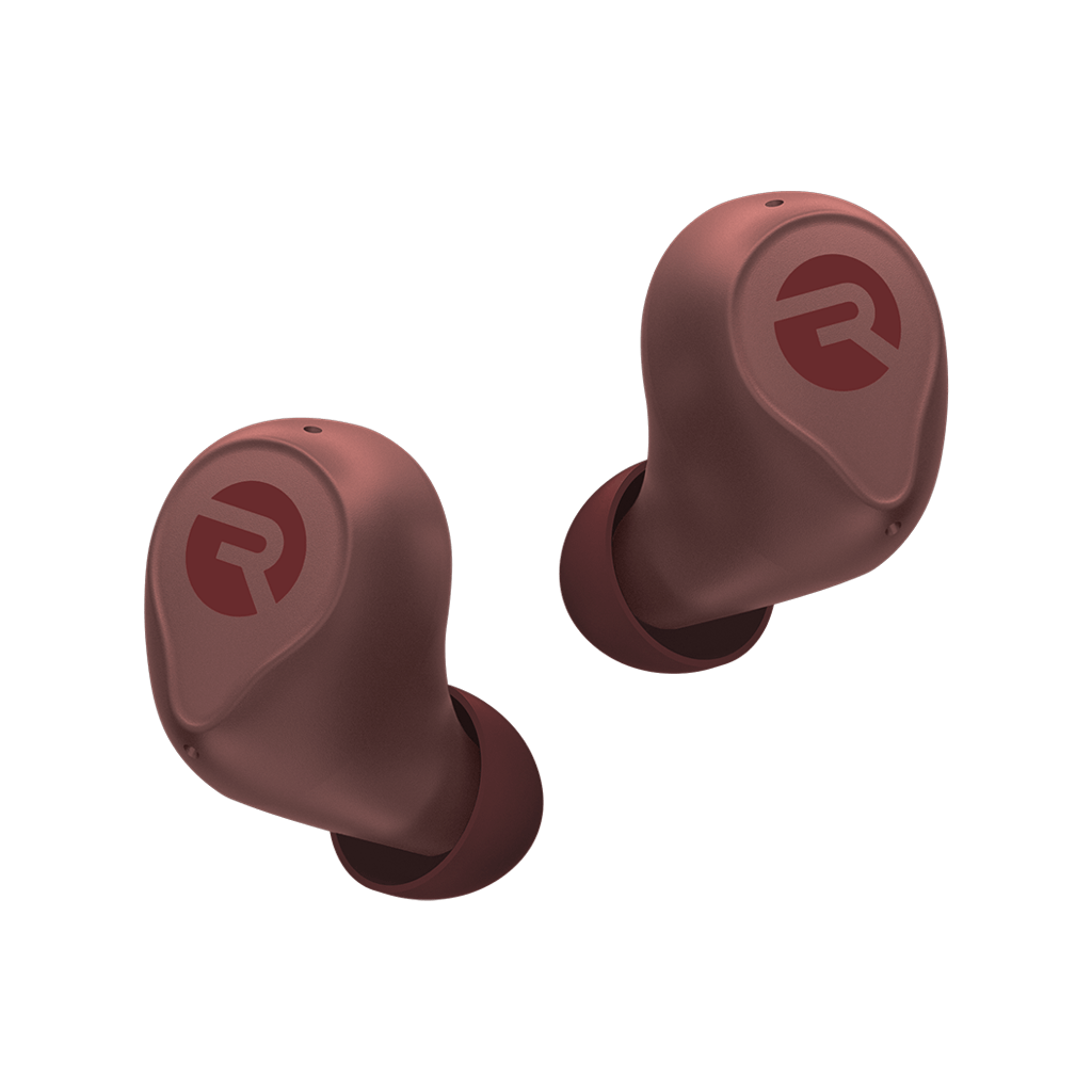 Pink wireless earbuds with a stylized 'R' logo on each side.