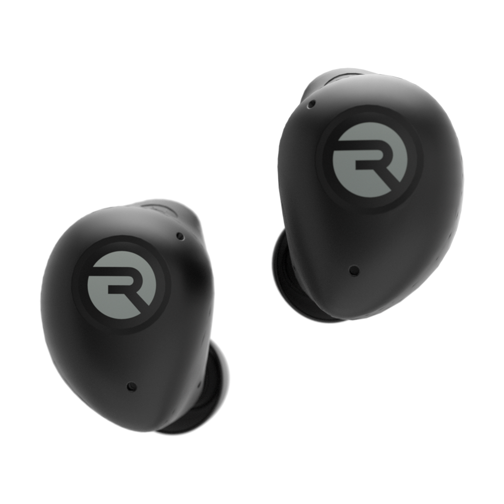 Black wireless earbuds with a logo on each earpiece.