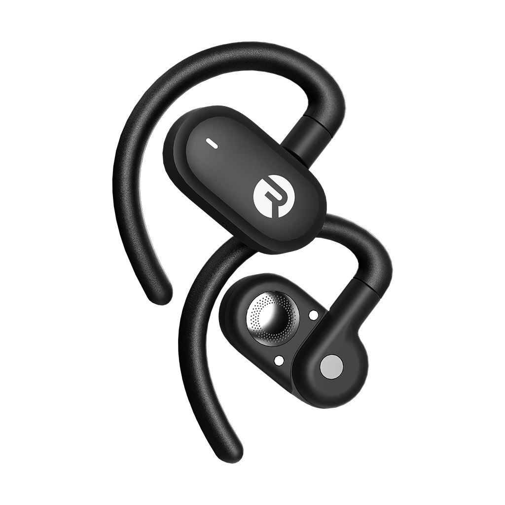 Black wireless earbuds with ear hooks on a black background.