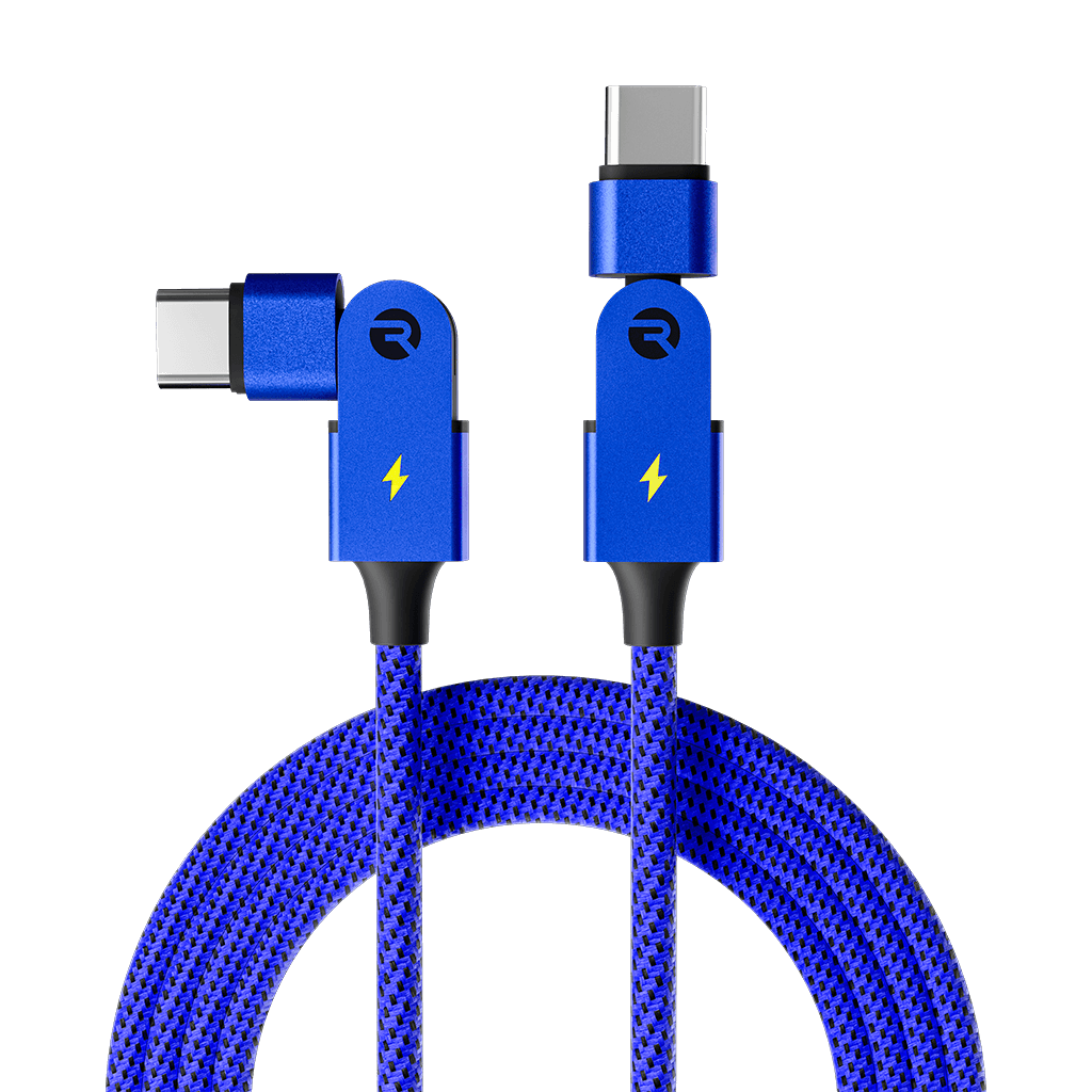 Blue braided USB-C cable with 90-degree angle connector.